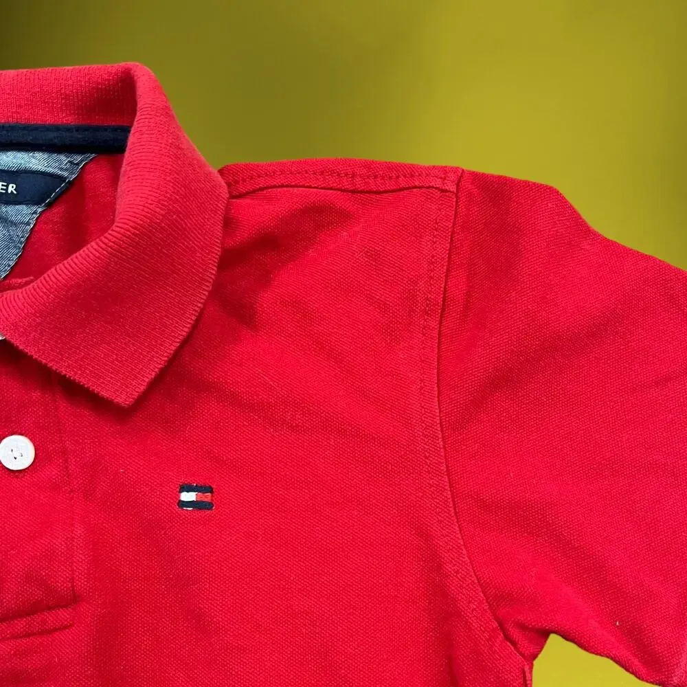 Tommy Hilfiger Polo Boys Medium 12/14 Flag Logo Red Button Up Shirt Embroidered